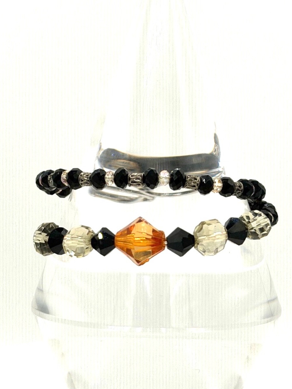 Artesian Memory Wire Wrap Bracelet Black Clear Orange Glass Bead Womans Jewelry